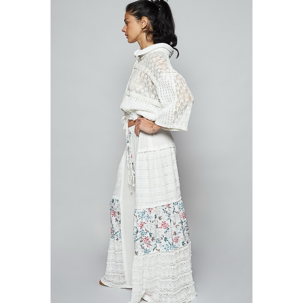 POL Ivory Patchwork Wide Leg Pants | Lace Floral Elastic Waist Pull On - Picture 5 of 7